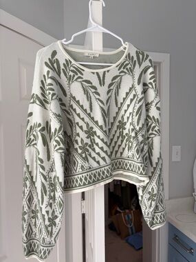 Z Supply Cream and Green Botanical Geometric Cropped Sweater